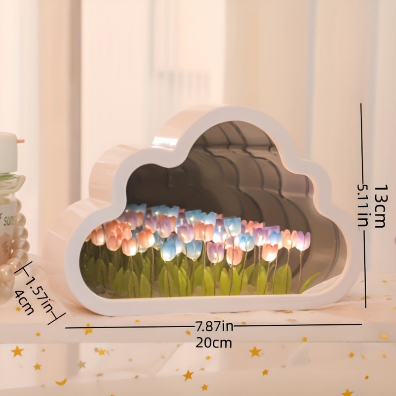 Lámpara de noche LED con espejo en forma de tulipán y nube, hecha a mano – Mar de flores multicolor con brillo ajustable, funciona con baterías, ideal para decoración de dormitorio o sala, regalo perfecto para Navidad, Día de San Valentín o cumpleaños