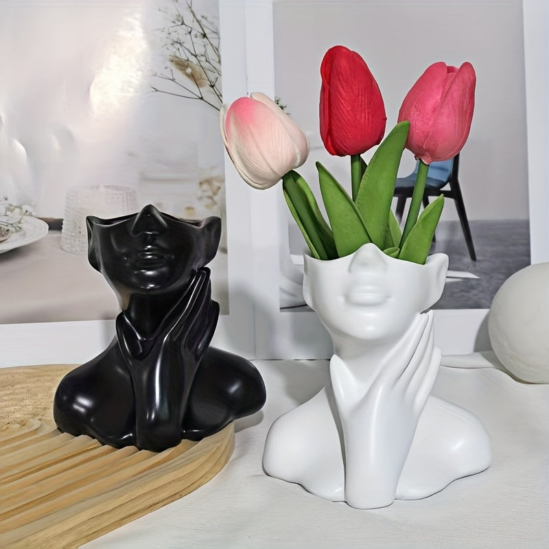 1pc | Moderno Abstracto | Jarrón Humanizado, Estatua de Resina con Diseño de Cuello Táctil, Contenedor de Mesa Decorativo para Plantas Frescas e Hidropónicas