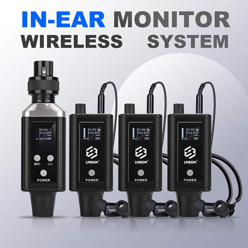 Sistema de monitoreo sin varillas intrauditivo LMBGM UHF con 1 canal y 3 unidades corporales, ganancia del micrófono, 16 canales seleccionables, tipo auricular sin varillas, adecuado para escenarios como el teatro, estudio, grabación, iglesia, actuacione