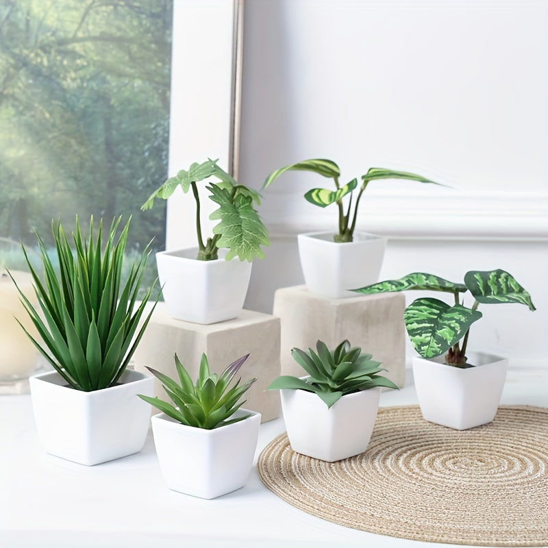 1set 6pcs-Combinación de Plantas Simuladas Suculentas Artificiales Planta Verde Bonsái Decoración de Interior Adorno de Escritorio de Oficina Estilo Nórdico Decoraciones de Plantas en Maceta Pequeñas Simuladas