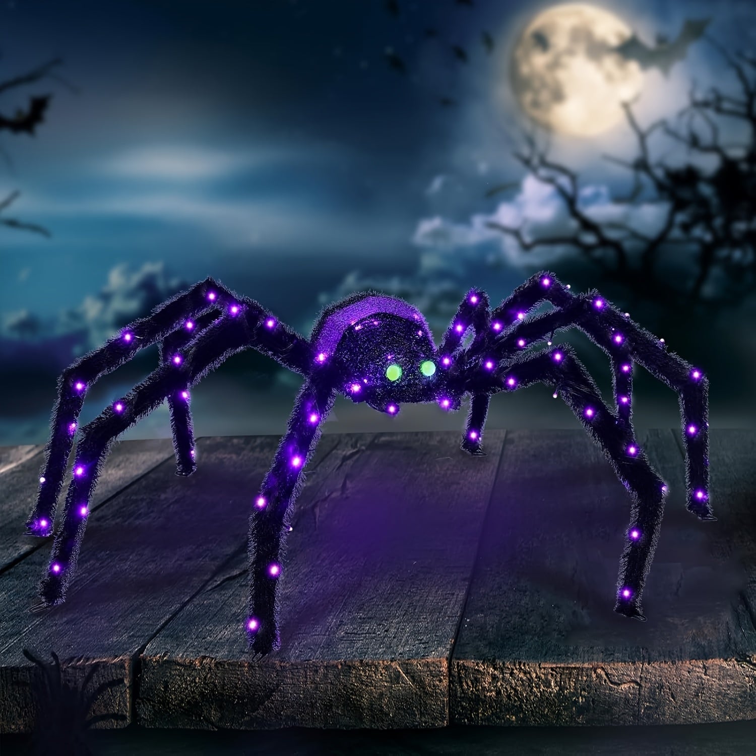 Decoración de Halloween de araña gigante - 50,4" (128,02 cm) luz de exteriores con 90 luces LED, estacas de tierra de metal y decoración de porche para la entrada, jardín o fiesta, casas encantadas, decoraciones de Halloween, decoración de jardín, decora