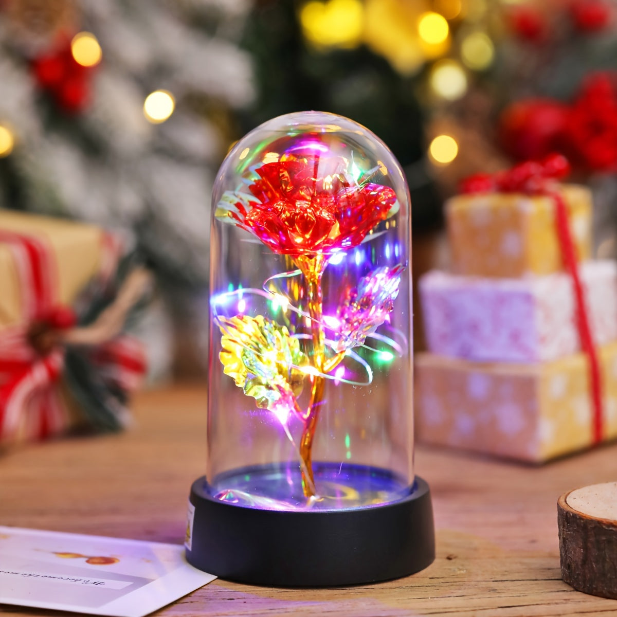 1 pieza de luz nocturna de rosa LED con papel de oro, lámpara de mesa moderna de plástico con batería, iluminación de cama, iluminación de fiesta de bodas, regalo del Día de la Madre, luz decorativa de escritorio interior, incluye batería, decoración de