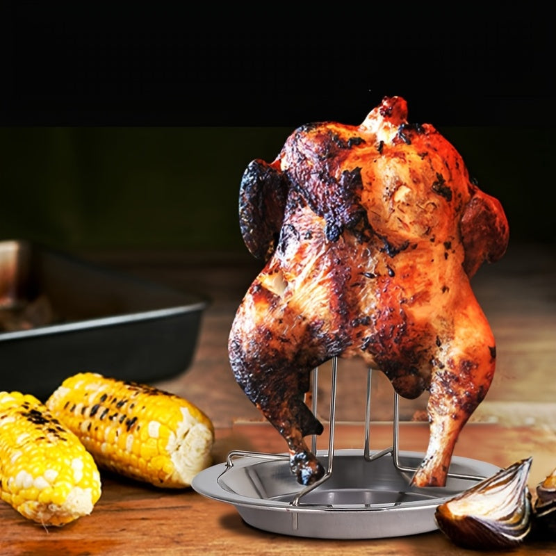 1pc Rejilla para Pollo Asado de Acero Inoxidable con Bandeja de Goteo - Acabado Pulido, Material Duradero para Horno, Parrilla, Camping - Ideal para Pollo Jugoso y Crujiente
