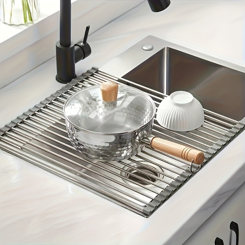 1 pieza, estante de secado de platos de acero inoxidable enrollable - sobre el fregadero, estante de drenaje multifuncional con ranuras de circulación de aire, diseño portátil y ahorrador de espacio para fregadero de cocina, secado eficiente y organizaci