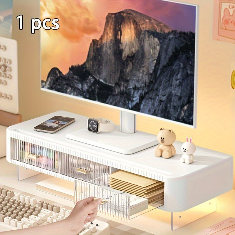 2 Escenarios Disponibles Soporte de Monitor de Acrylic Transparente con Doble Cajón, Organizador de Escritorio Ajustable, Soporte de Monitor Multifuncional para Oficina en Casa, con Espacio de Almacenamiento, Alta Practicidad