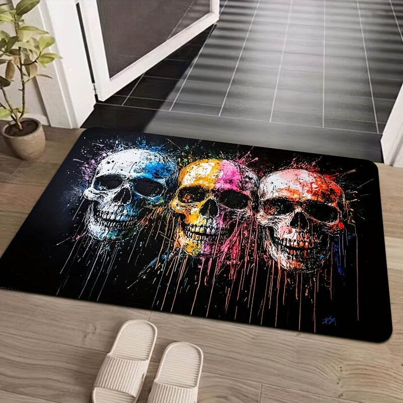Alfombra de Entrada de Diseño de Cráneo Artístico - Lavable en Máquina, Rectangular, de Poliéster con Revestimiento de PVC, Alfombra Antideslizante para Entrada, Sala de Estar, Dormitorio, Cocina - Alfombra Decorativa de Suelo Hecha a Máquina
