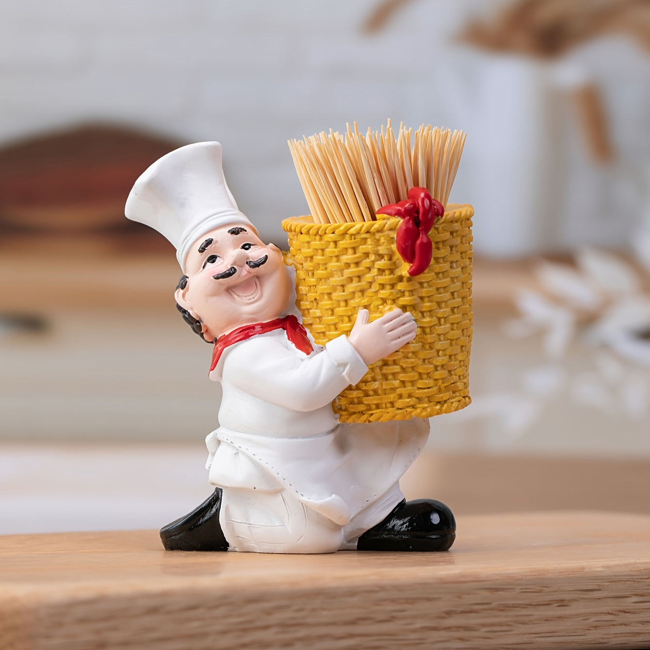 Chef de resina con soporte para palillos en cesta de bambú, decoración novedosa para fiestas, no necesita electricidad, accesorio para encimeras de cocina