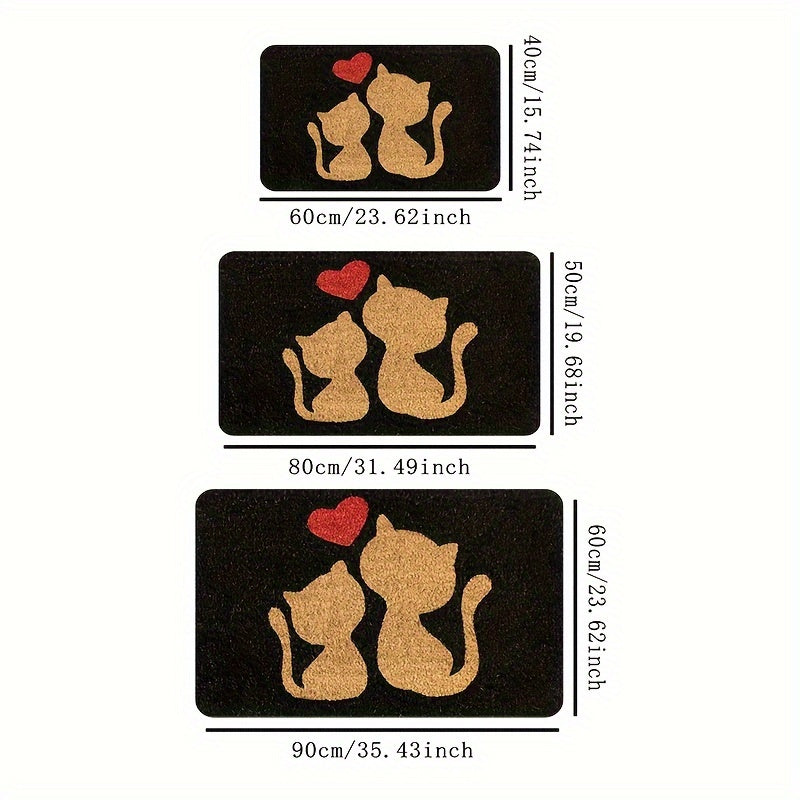 1 alfombra de entrada con silueta de gato Whisker Wonders, rectangular, de poliéster, base antideslizante de PVC, lavable a máquina, para interior/exterior, diseño con corazón