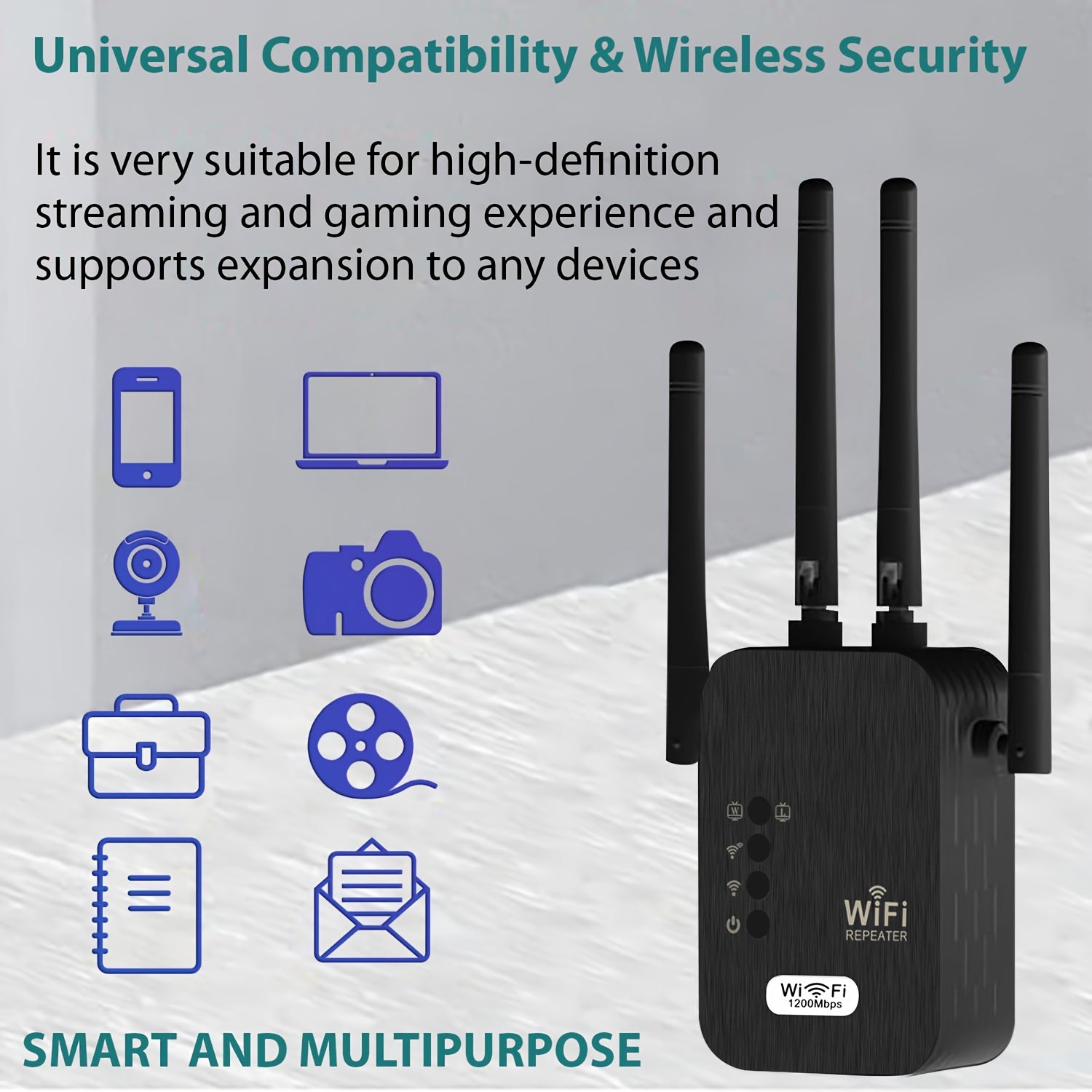 Repetidor de Wi-Fi, Extensor de Wi-Fi, Fortalecimiento de la Fuerza del Señal 2.4G, Amplia Cobertura, Superación de Limitaciones Espaciales, Configuración de Un Solo Click, Cobertura Integral, Rotación Flexible de la Antena, Intensidad de Señal Ajustable