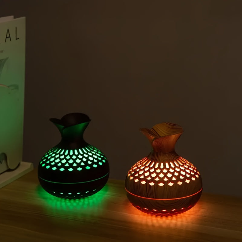 Humidificador de aroma de madera de lujo, alimentado por USB, niebla fría, 36 V, elegante diseño hueco, prefiltro, humidificación por evaporación, ambiente romántico, para dormitorio y varias habitaciones.