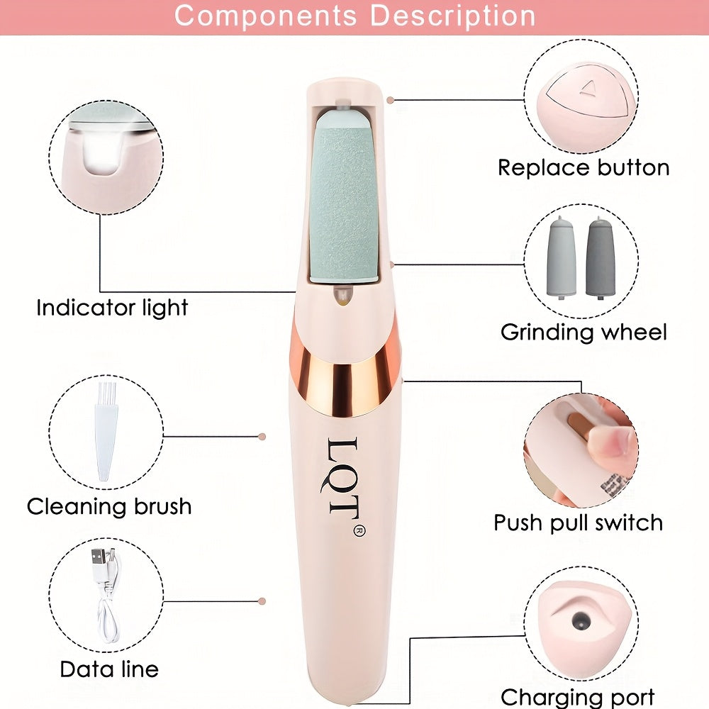 Removedor de Pies Eléctrico Recargable USB LQT - Exfoliador Portátil Inalámbrico con Batería de 300mAh, Herramienta Sin Aroma para el Cuidado de los Pies sin Dolor para Uso en Casa, Rosa Brillante/Blanco, Diseño Elegante, Acabado Suave, Para Aficionados