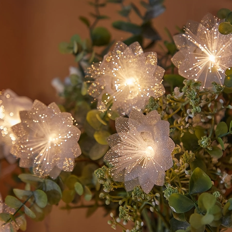 1 pieza de guirnalda de flores artificiales con luces LED de fibra óptica encantadoras - Funciona con pilas, flores blancas brillantes para decoración en San Valentín, bodas y Año Nuevo, control táctil, efecto centelleante, pequeñas luces para decoración
