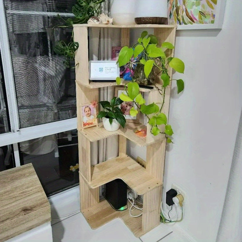 1pc Estantería de Esquina Independiente en Madera Maciza - Diseño Multinivel Ahorrador de Espacio, Acabado Natural, Fácil Montaje para Sala, Oficina o Dormitorio, Organización Minimalista, Construcción Duradera, Estante Versátil, Decoración Interior