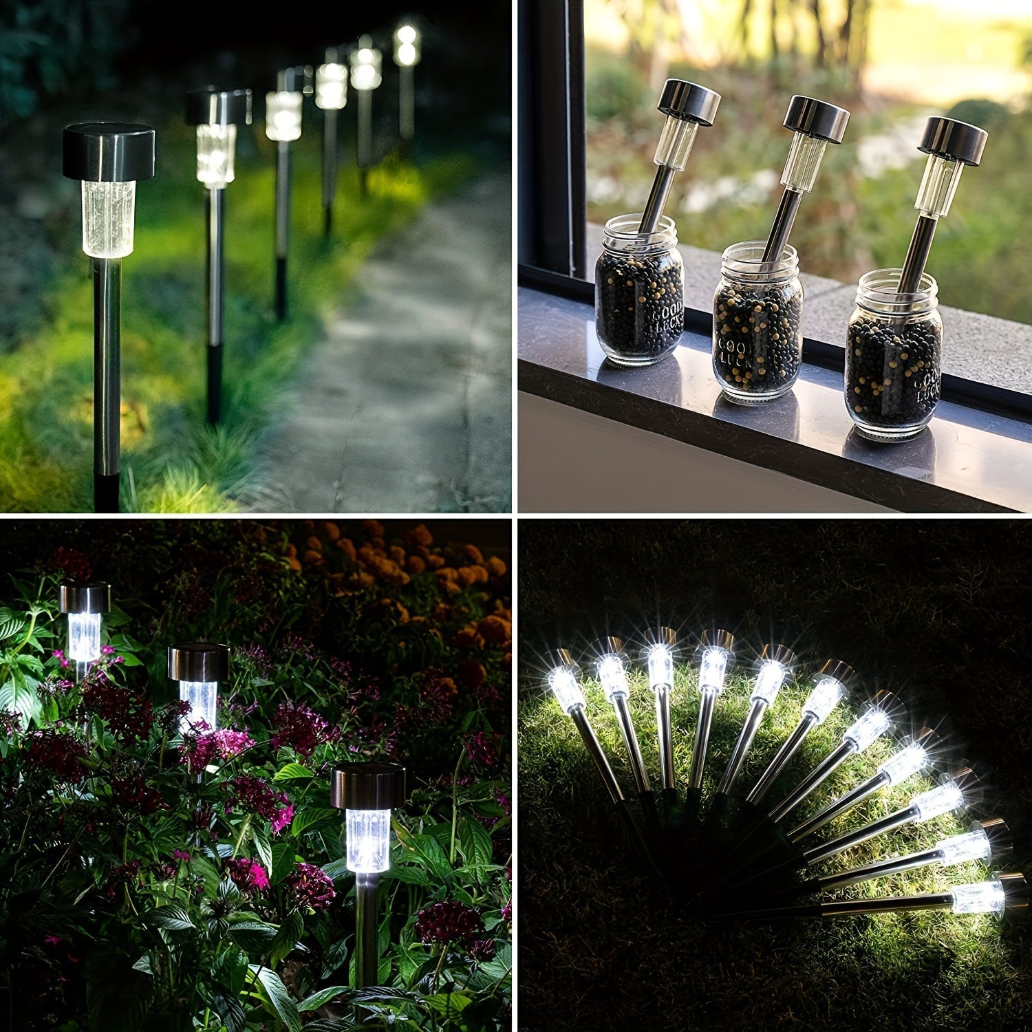 10 Piezas de Luces Solares de Acero Inoxidable para Exteriores, Luces de Palo con Energía Solar para Patio, Césped, Parque, Jardín y Paisajismo, Luz Blanca Fría