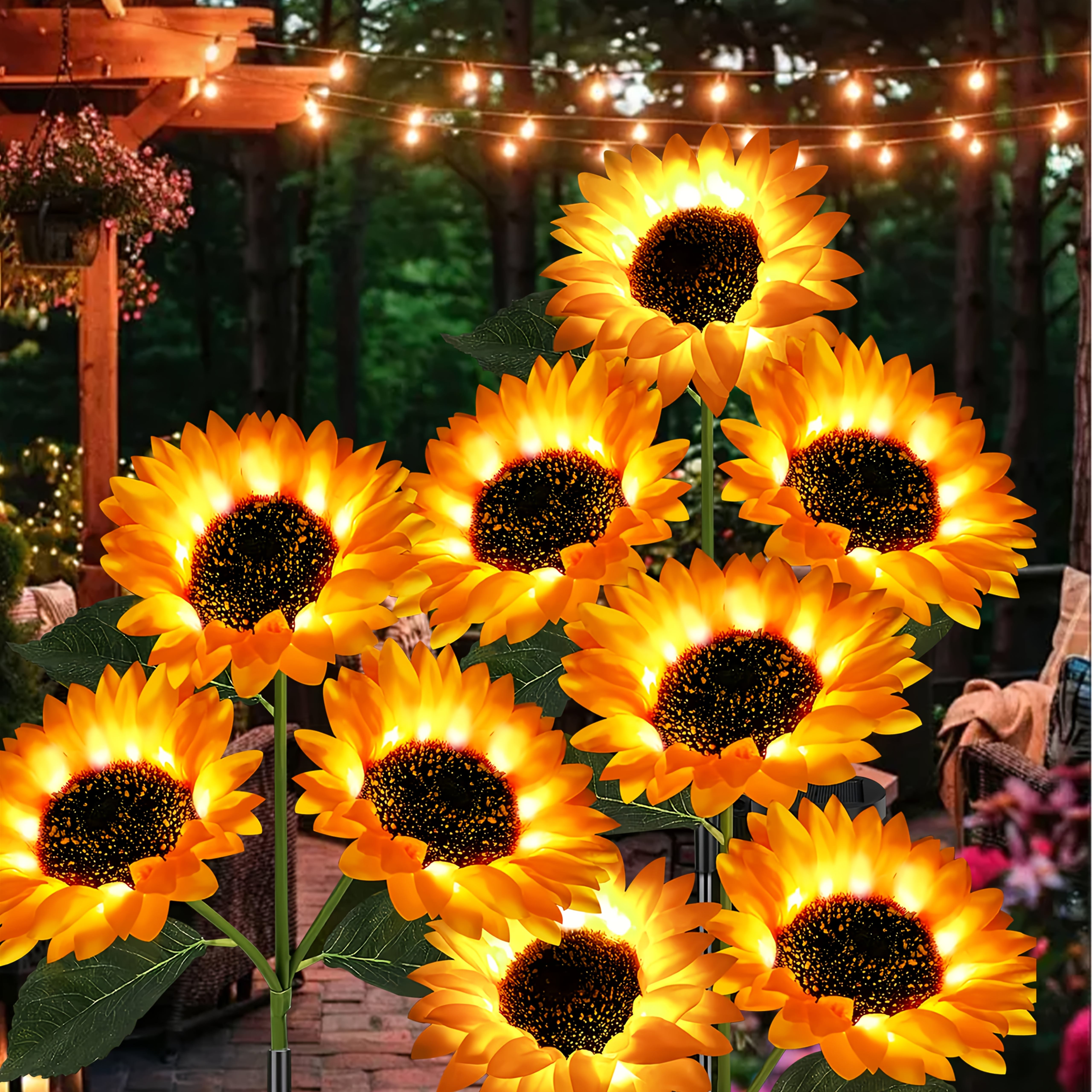 Luces de decoración de girasoles para exteriores, luz solar de girasoles para insertar en el suelo, luces de paisaje de girasoles amarillos en el suelo, luces de decoración de jardín de flores solares.