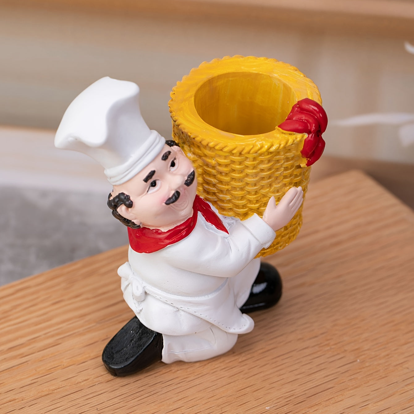Chef de resina con soporte para palillos en cesta de bambú, decoración novedosa para fiestas, no necesita electricidad, accesorio para encimeras de cocina
