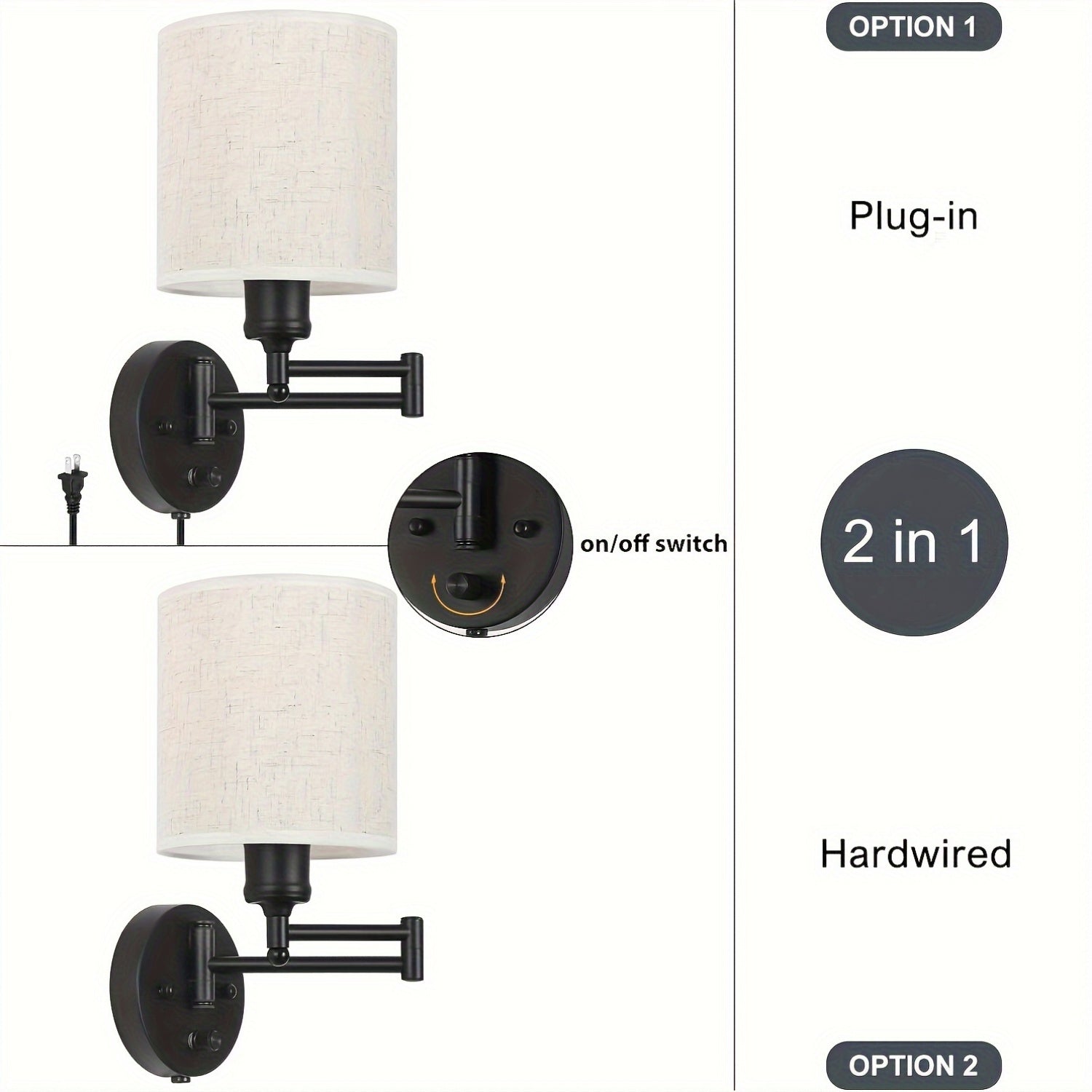 Conjunto de 2 apliques de pared con brazo oscilante y pantalla de lino moderna, lámpara de pared desmontable de metal con base E26 para sala de lectura, sala de estar - Enchufe estadounidense, 110V-130V, incluye herrajes de instalación