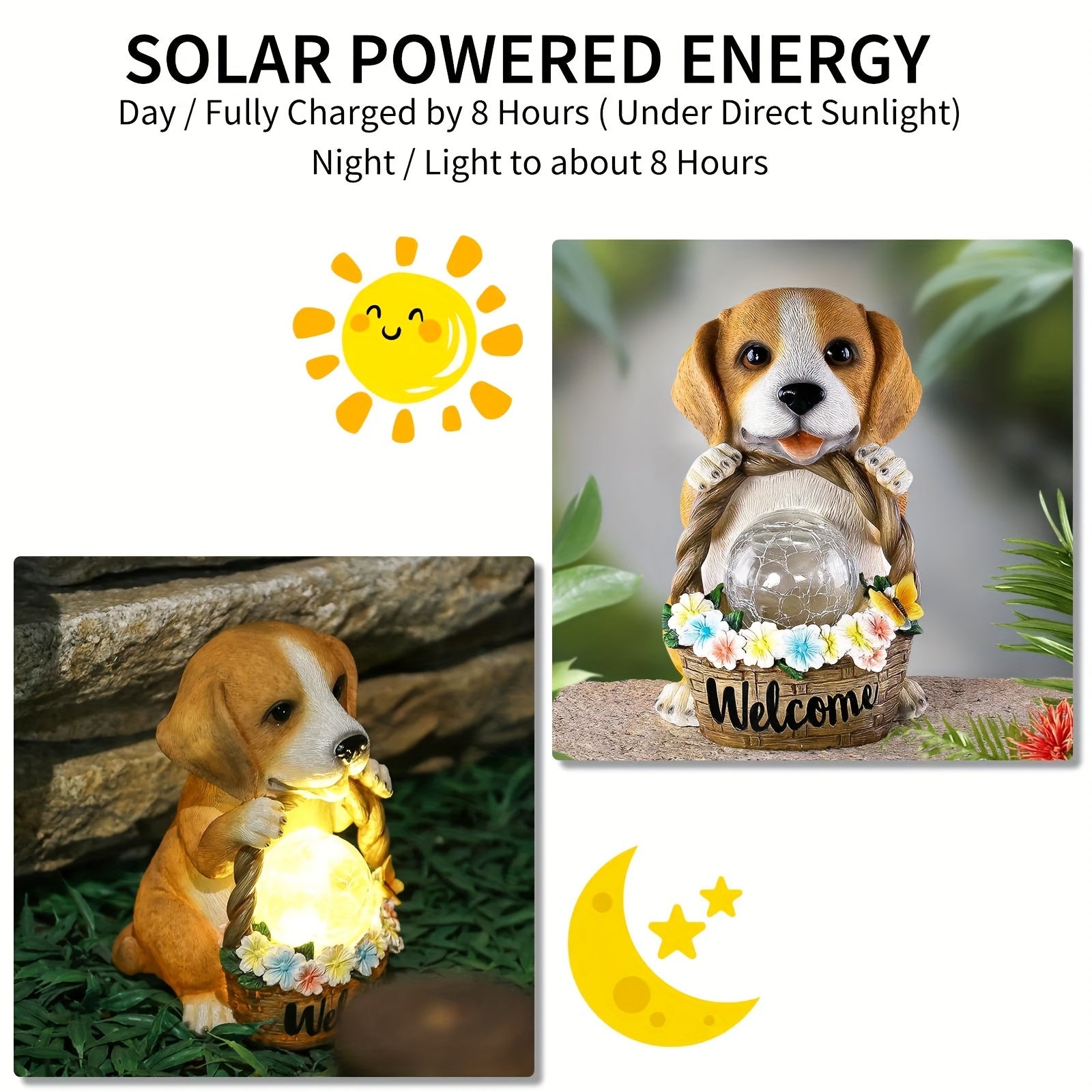 1pc Decoración De Jardín Perro Energía Solar Animal Decoración Señal De Bienvenida, Estatua Luz Nocturna, Luz De Resina Artesanal De Jardín