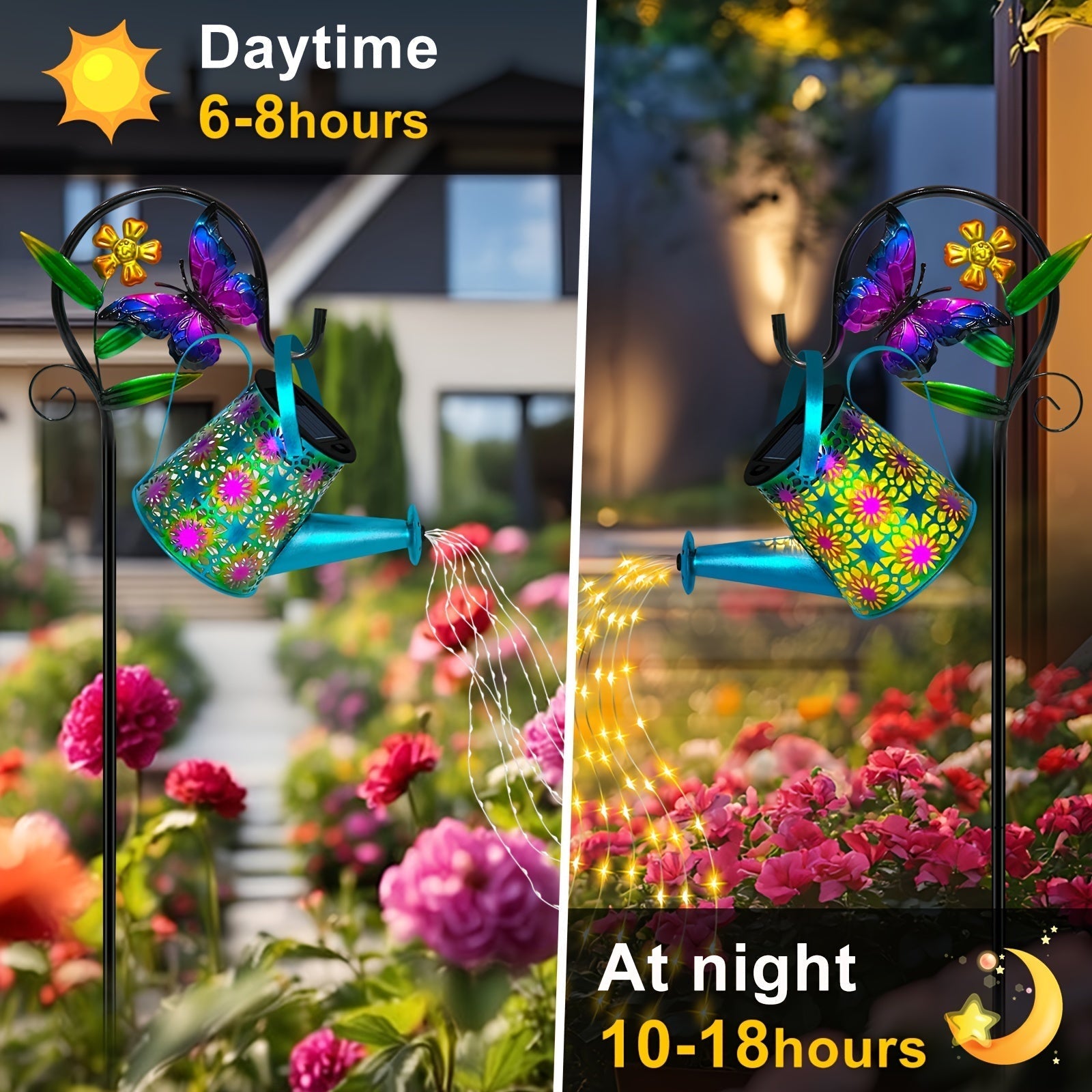 Gran regadera de mariposas y farol solar con decoración de jardín - Colgante de metal vibrante con gancho de mariposa, luces LED, ideal para caminos exteriores, patios y decoración de césped, decoración de caminos de jardín | Decoración de jardín vibrant