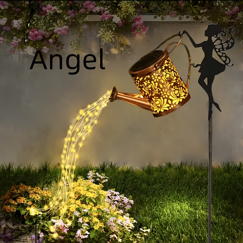 Linterna de sol para exteriores con forma de tetera y luces de cuerda, lámpara decorativa colgante en forma de ángel solar, lámpara de cascada solar, adecuada para caminos de jardín del patio, terraza del hogar y regalos festivos