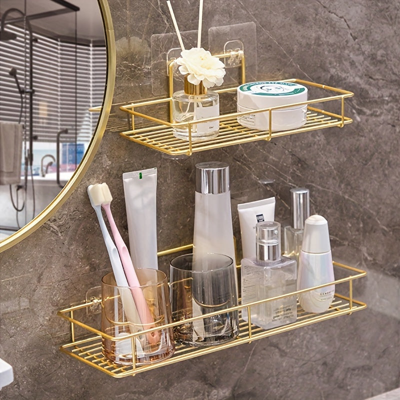 Organizador de Baño de Acero Inoxidable de Lujo - Montado en la Pared, Estante de Almacenamiento Sin Taladro para Artículos de Aseo y Esenciales, Ligero, Sin Perforación, Lavabo