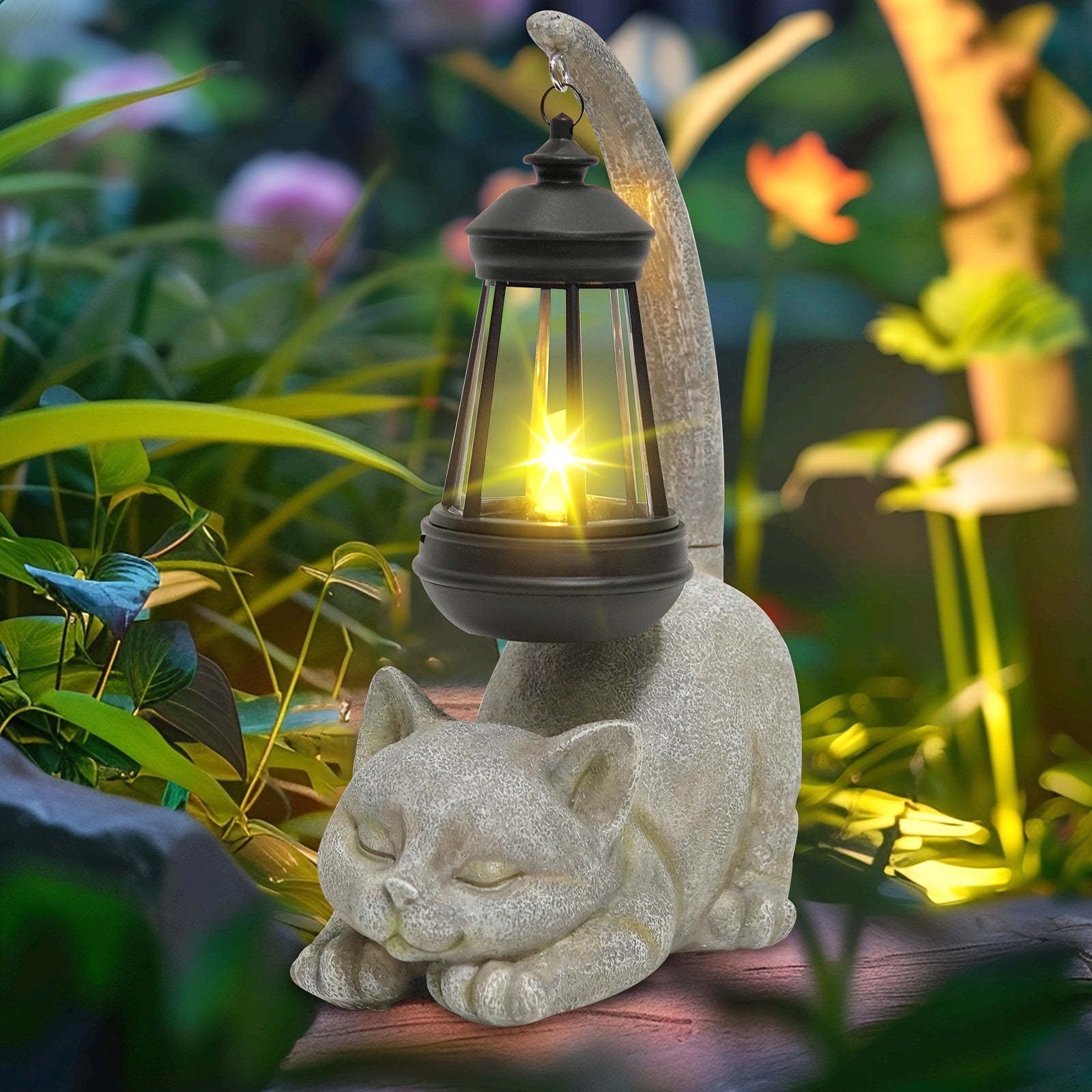 Estatua de Farolillo para Gatos con Energía Solar VOOKRY - Adorable Gatito Durmiendo con Cola Luminosa, Luz Decorativa para Jardín Exterior, Ideal para Patio, Césped o Regalo Festivo, Material Plástico, Batería de 600mAh, Carga Solar