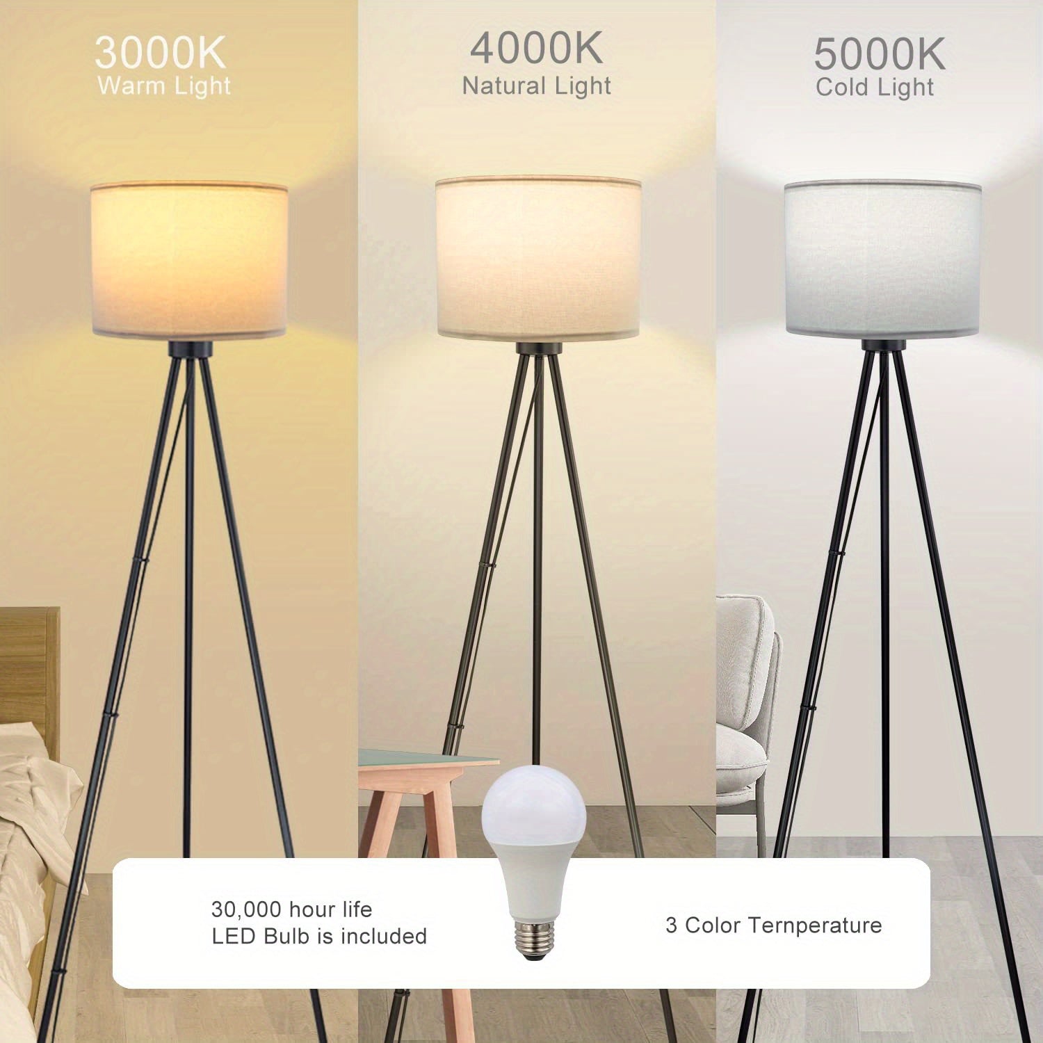 Lámpara de Suelo LED Regulable con Bombilla E26 de 3 Temperaturas de Color, Lámpara de Suelo Moderna con Trípode Metálico, Lámpara de Suelo para Salón, Dormitorio, Estudio, Oficina