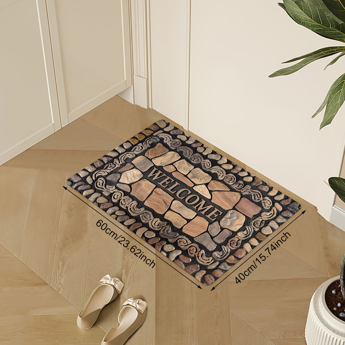 1 pieza, alfombra de bienvenida con estampado de piedras - Alfombra de suelo de poliéster antideslizante para uso interior/exterior, secado rápido, ideal para entrada, cocina, lavandería, baño y más, alfombra de área lavable