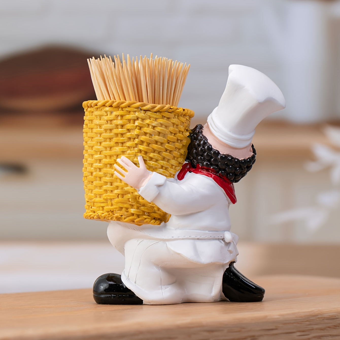 Chef de resina con soporte para palillos en cesta de bambú, decoración novedosa para fiestas, no necesita electricidad, accesorio para encimeras de cocina