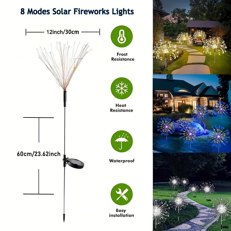 Luces inteligentes LED, luces de jardín inteligentes, luces solares para exteriores, 2 piezas de luces de fuegos artificiales para jardín 8 modos, luces decorativas con estacas que parpadean, adecuadas para la decoración de la pradera de senderos (color/