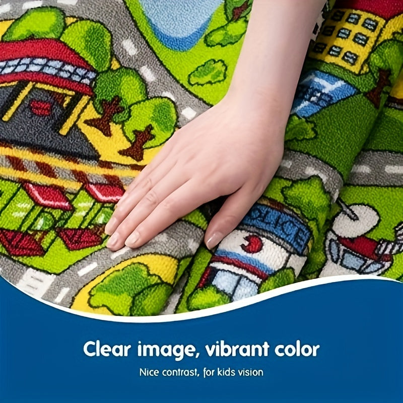 Encanto juguetón | Alfombra de terciopelo de paisaje urbano colorido - 930 g/m², antideslizante, lavable en máquina, doble filo, alfombra rectangular para salón de juegos, sala de estar, dormitorio - Ideal para coches, trenes y áreas de juego urbanas, al
