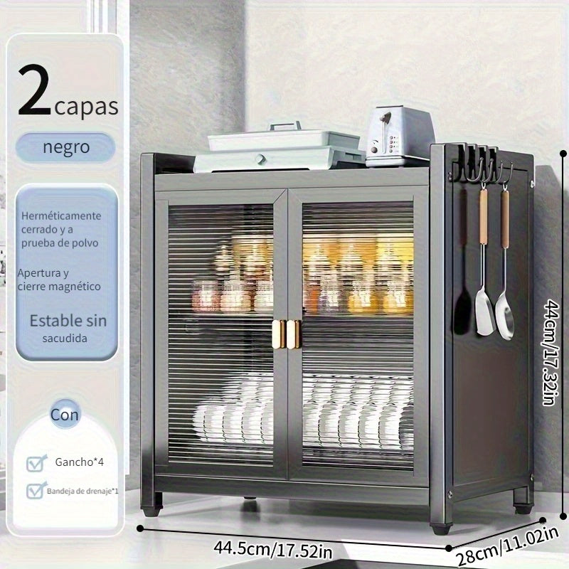 Estante de secado de platos de varios niveles moderno negro con puertas dobles a prueba de polvo, ganchos para utensilios y bandeja de goteo - Organizador de almacenamiento de cocina que ahorra espacio para platos, tazones y utensilios, estante de secado