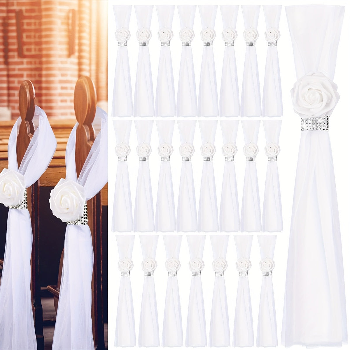 8 piezas de Decoraciones AITISOR para Pasillo y Sillas de Boda - Rosas Artificiales Blancas con Detalles de Estrás, Decoración Colgante de Tela para Iglesia, Hotel, Fiesta - Versátil para Bodas, Fiestas, Eventos de Primavera y Verano, Decoraciones Nupcia