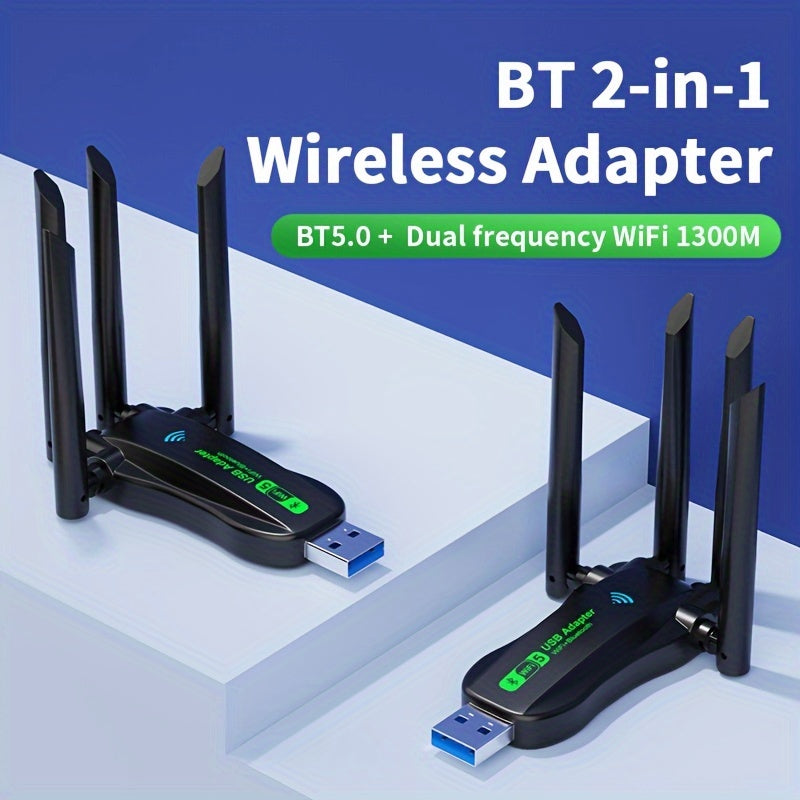 Adaptador inalámbrico BT 2 en 1 vszapower, WiFi dual frecuencia 1300M, alimentado por USB, plug & play, internet de alta velocidad, sin necesidad de controladores, compatible con BT y WiFi, control por aplicación, voltaje de operación ≤36V, sin batería r