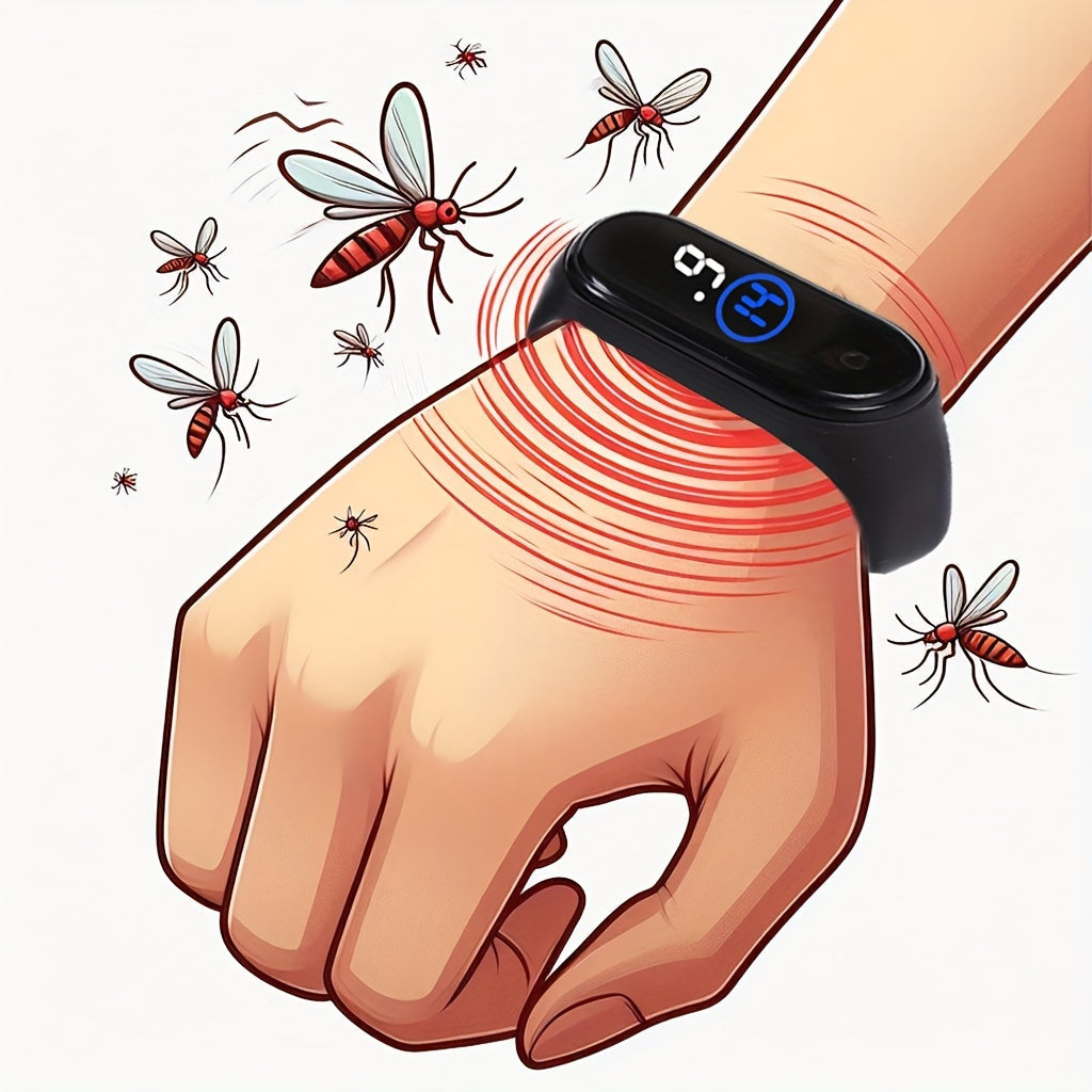 Pulsera electrónica repelente de mosquitos negra – Ajuste cómodo, repelente físico de insectos, no tóxico, diseño unisex para pesca y actividades al aire libre, incluye 2 pilas de botón, pulsera unisex | Brazalete elegante | Accesorio moderno | Repelente