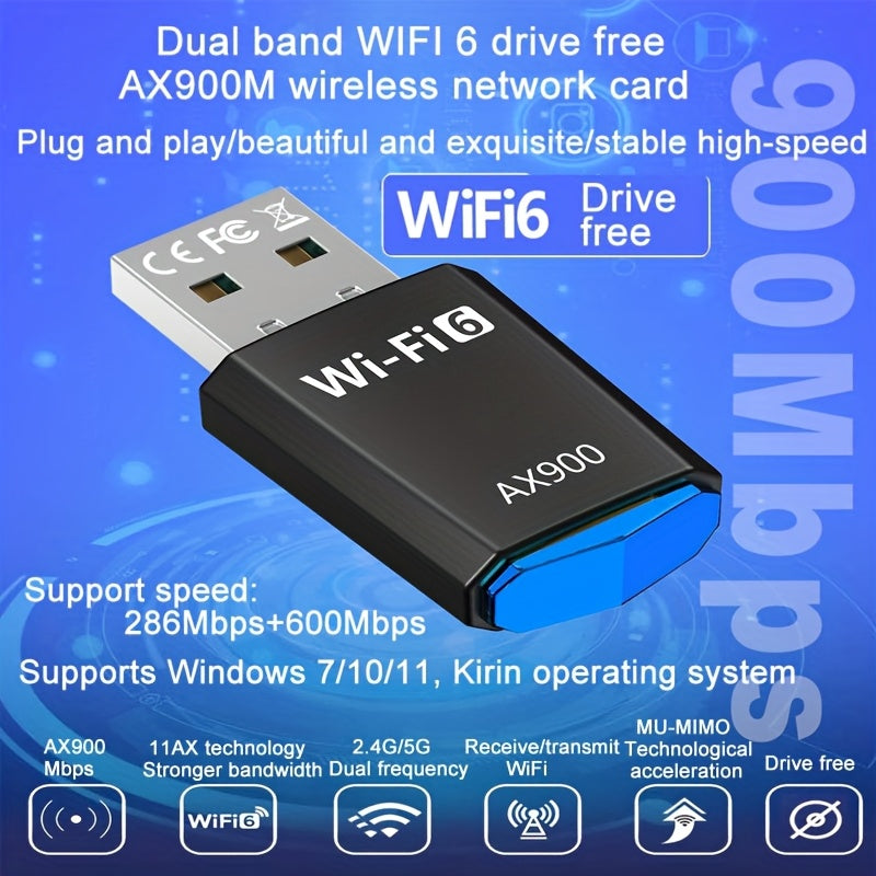 Adaptador de Tarjeta WiFi 6 de 900Mbps AX900, Adaptador de Red USB, Banda Doble 2.4G y 5G, Adaptador Inalámbrico para Portátil Mac y Computadora de Escritorio, Receptor Inalámbrico para PC Portátil y Computadora de Escritorio, Adaptador Inalámbrico 802.1