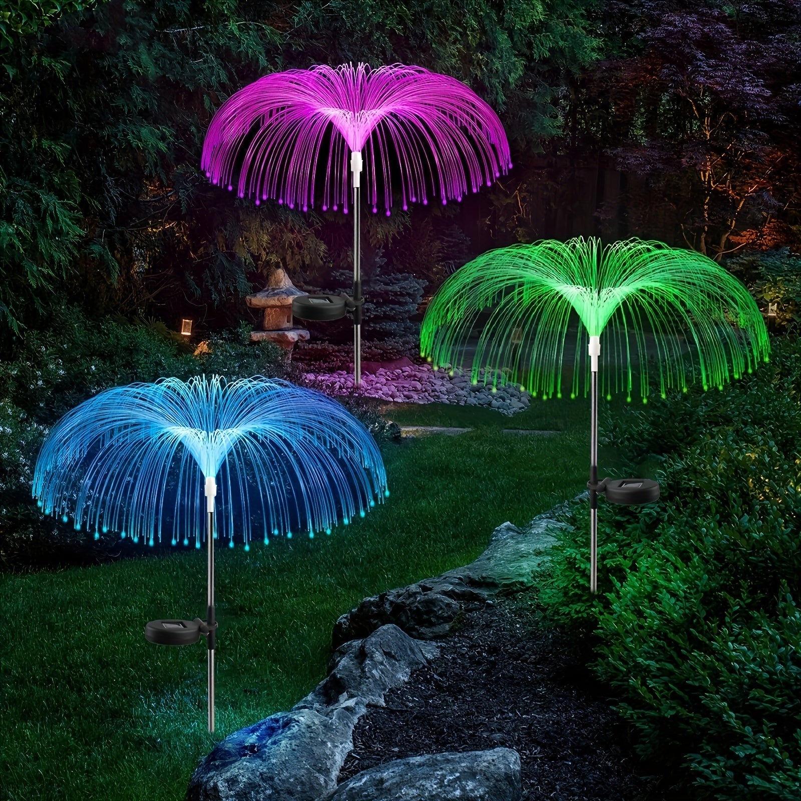 Un conjunto de luces de medusa solar de una capa que cambian de color, diseñadas para decoración al aire libre, adecuadas para jardines, caminos y ocasiones festivas como Halloween, Navidad y Año Nuevo.