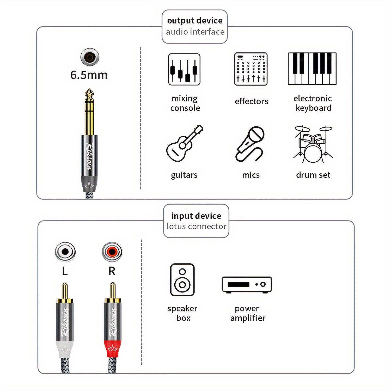 RIKSOIN Cable de audio TRS de 6,35 mm a RCA doble: divisor en Y para conexiones de guitarra, micrófono, teclado y batería
