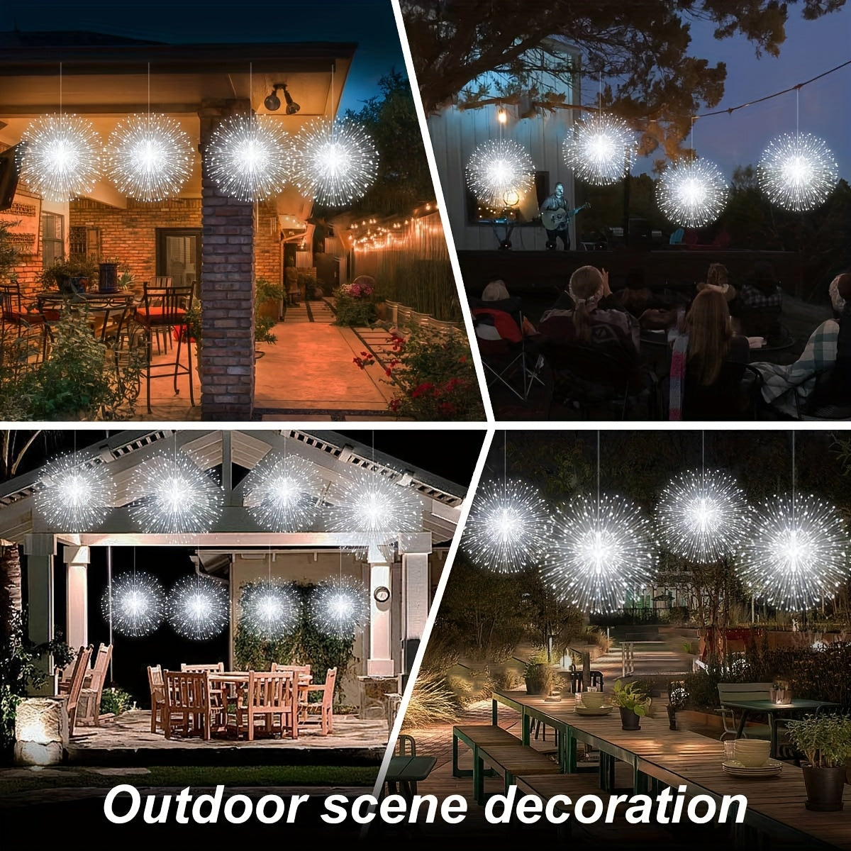 4 Pack Luces Solares de Fuegos Artificiales para Exteriores, Esferas LED Estallido Solar, 8 Modos IP65 Luces Colgantes para Gazebo Patio Fiesta Boda Tienda, Navidad, Patio Árbol Pub Decoración, Luces Hada de Fuego Artificial, Cadena Luminosa Solar