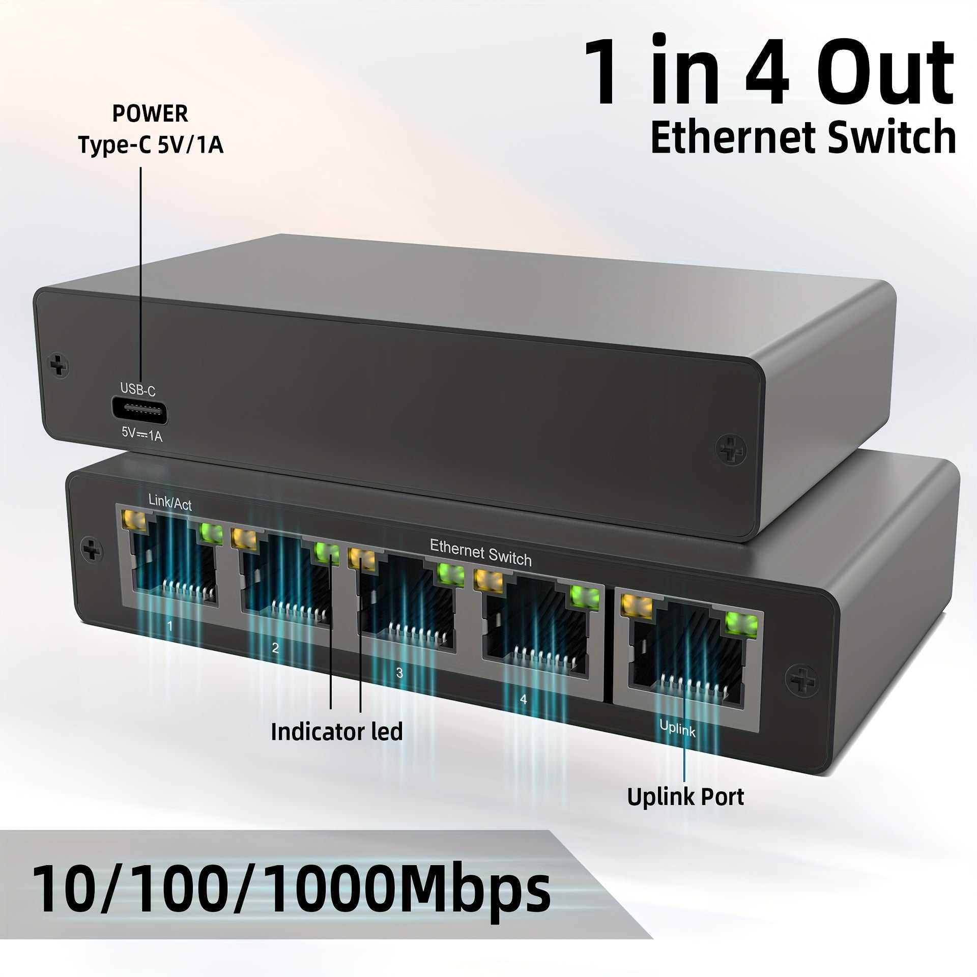 Conmutador de red gigabit de 4 puertos - Plug & Play, transmisión estable, carcasa metálica compacta, alimentado por USB con aplicación de hogar inteligente, negro para hogar y pequeñas empresas, conmutadores de red para hogar, conectividad de oficina, d