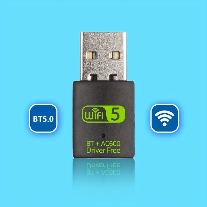 Adaptador BT5.0+WiFi 600m, Adaptador sin varillas/WiFi, Tarjeta WiFi Dual-Band de 600m, Combinación WiFi + Inalámbrica, Conexión Simultánea Rápida para Ratón, Teclado y Auriculares – Sin Interferencias ni Conflictos, Plug & Play, Sin Controladores Necesa