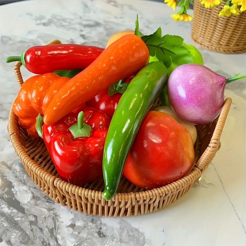 Conjunto de 12 piezas de frutas y verduras realistas, adecuado para decoración del hogar - incluyendo tomates, pepinos, pimientos, etc. - perfecto para exhibir en mesas de comedor, armarios y restaurantes