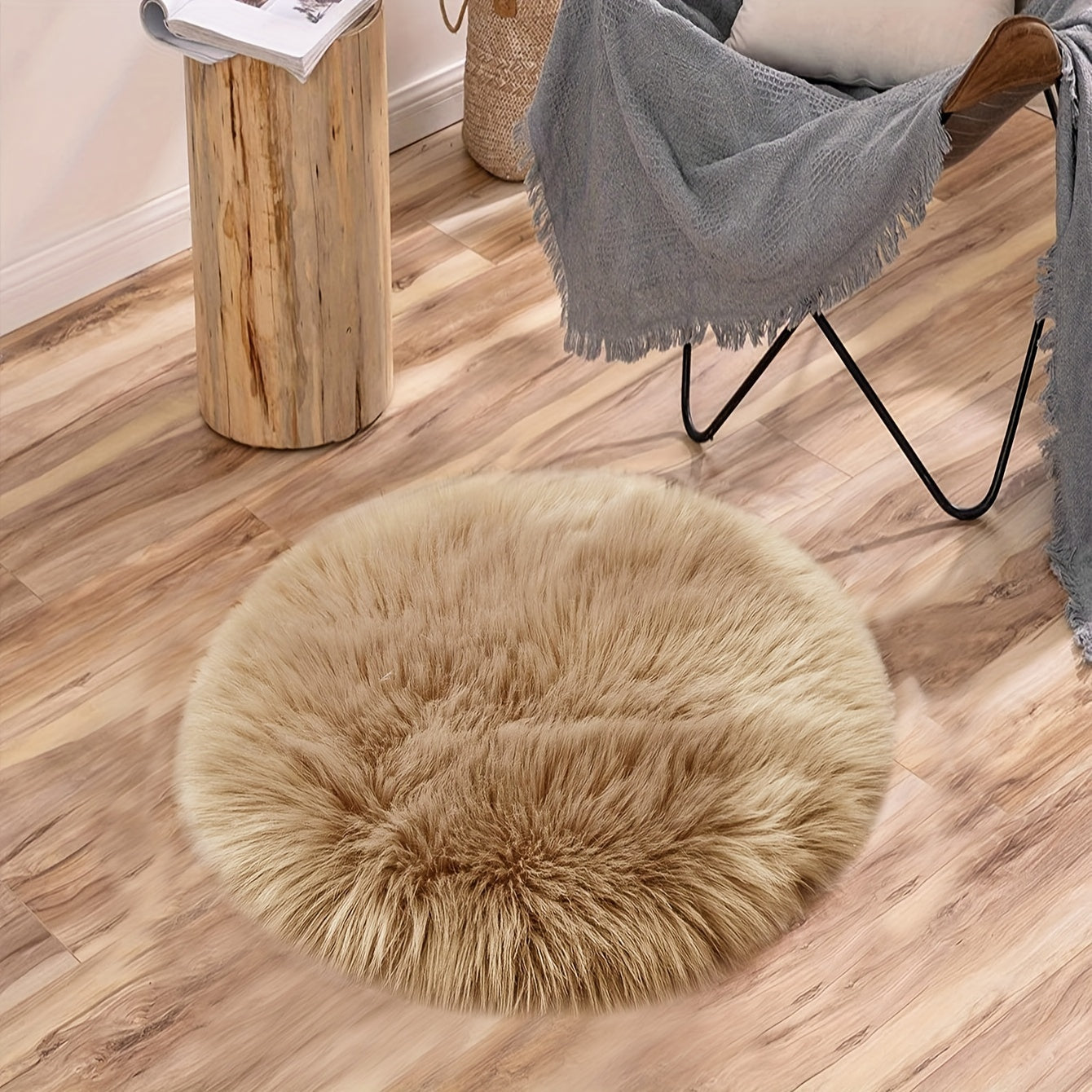Alfombra Redonda de Peluche para Decoración del Hogar - Cojín de Silla de Piel Sintética Suave, Alfombra para Mascotas, Alfombra para Sala de Estar y Dormitorio, Tamaños de 30.0cm y 39.88cm, Mezcla de Poliéster Hecha a Mano, Textura Gris Shaggy, Perfecta