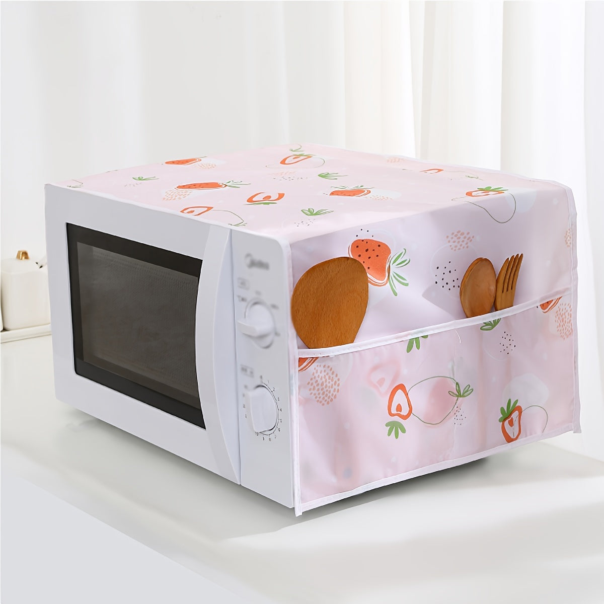 1pc Cubierta de Polvo para Microondas de PVC con Patrón de Fresas y Corazones - Impermeable y a Prueba de Aceite, Rosa y Blanco con Detalle de Bolsillo, Protector de Electrodomésticos, Cubierta para Microondas