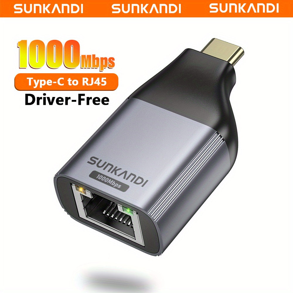 Adaptador USB-C a Ethernet SUNKANDI, 1Gbps Gigabit RJ45 a Tipo C, Plug and Play sin controladores para MacBook Pro/Air, iPhone 16 Pro/Max, iPad, XPS, laptops - Negro, adaptador Plugandplay | Acabado metálico elegante | Transferencia de datos eficiente, a