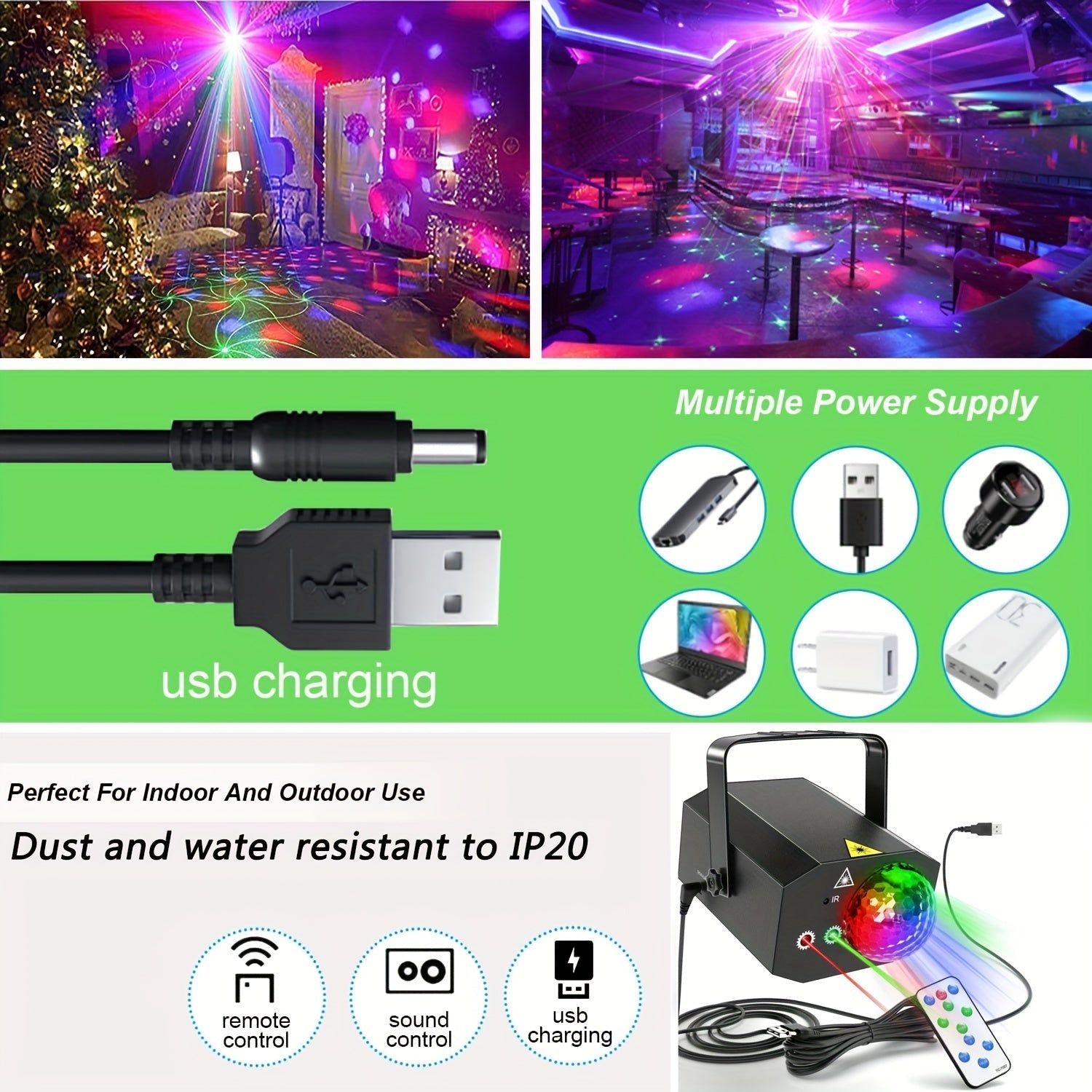 Proyector de bola de disco mágico de láser alimentado por USB con control remoto, 3 colores (rojo/verde/azul), brillo y enfoque ajustables, diseño compacto para fiestas en la habitación y entretenimiento en casa, decoración de luz láser, iluminación de f