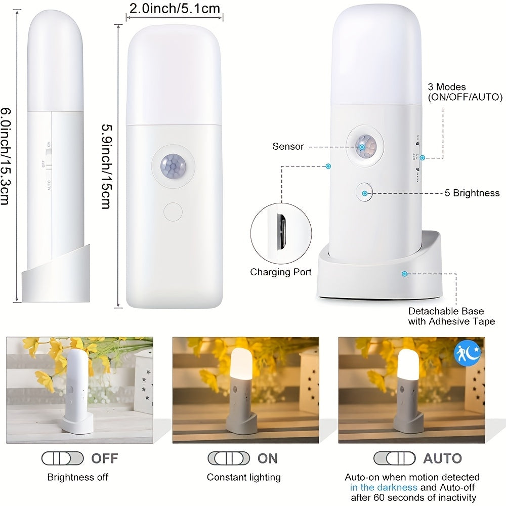 Una luz nocturna LED con detección de movimiento, carga USB y brillo ajustable, que cuenta con una batería recargable de 2000mAh incorporada, ideal para su uso portátil en salas de estar, dormitorios y pasillos.