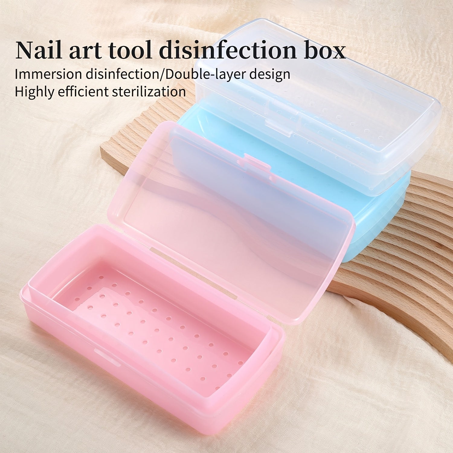 Caixa de Desinfección Profesional para Salón de Uñas - Organizador de Doble Capa con Tapa Transparente, Construcción en Plástico Resistente, Azul Pastel/Rosa - Estación Portátil de Sanitización para Salones de Manicura y Pedicura, Spa o Hogar - Diseño Fá