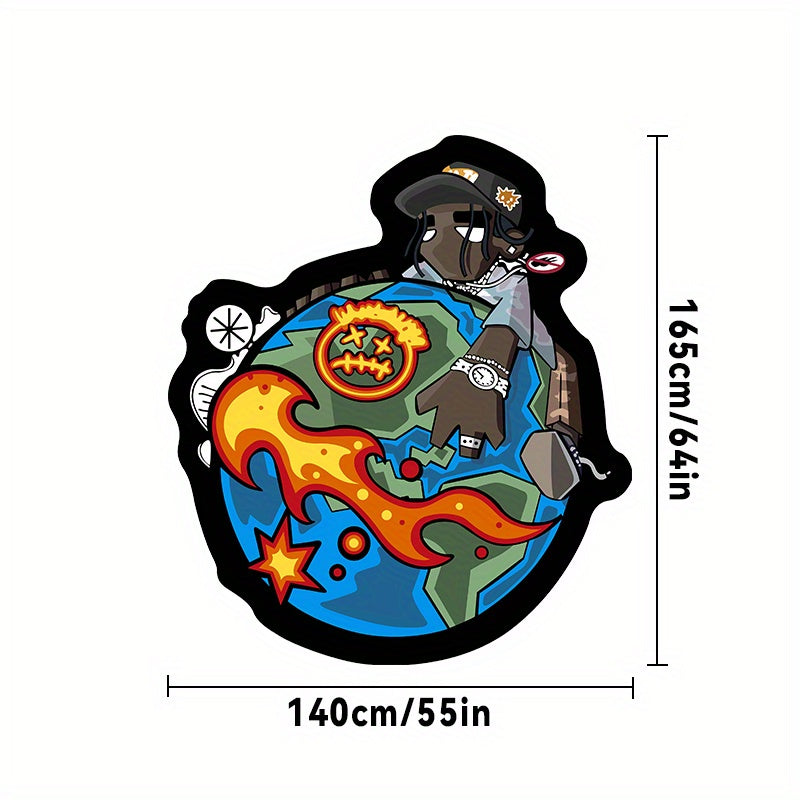 1 alfombra redonda inspirada en el hip hop - Diseño de personajes de dibujos animados vibrantes con llamas, estrellas y motivos de la Tierra, alfombra de poliéster negro y azul para dormitorio o sala de estar, alfombra de área para interiores | Acento de