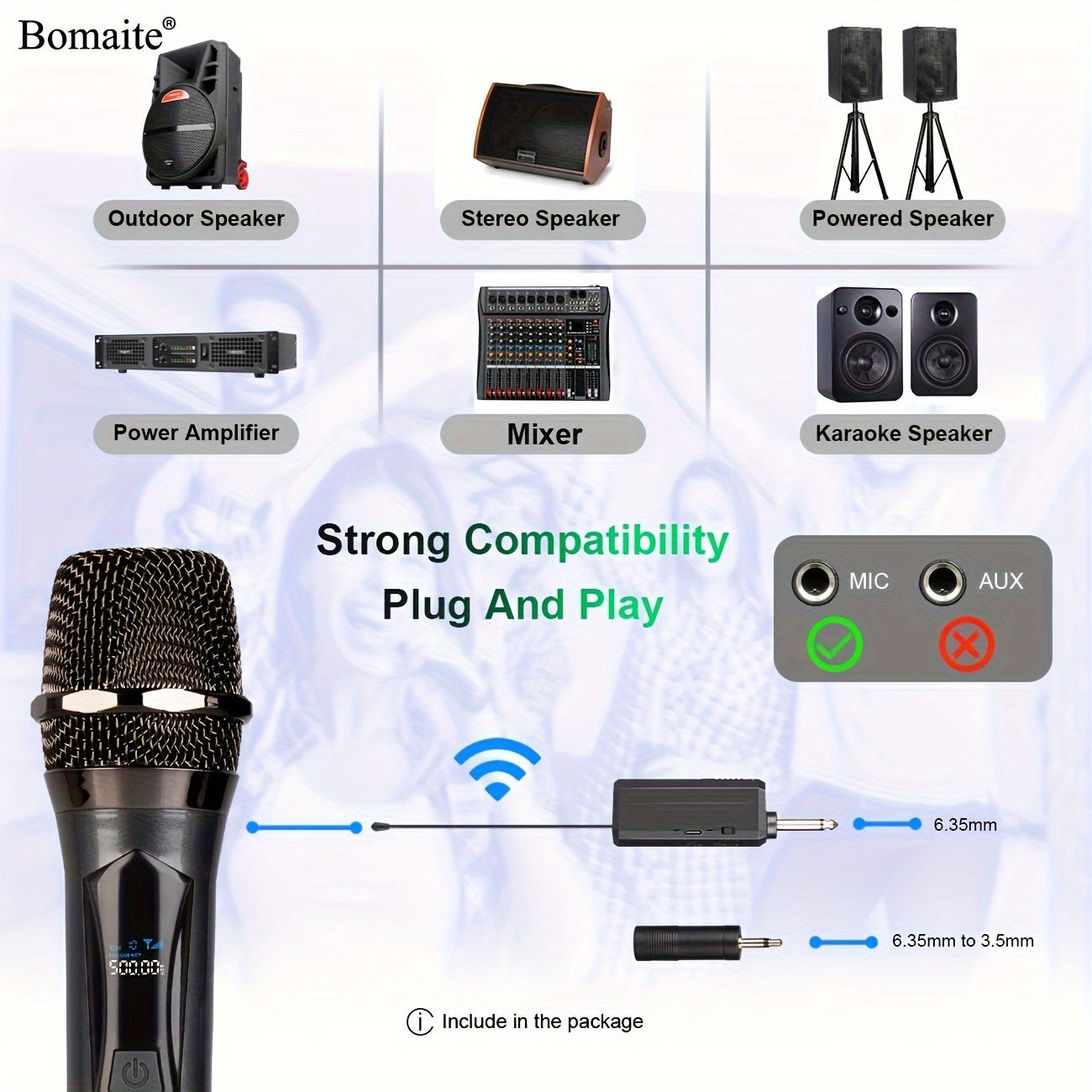 Microfono sin varillas Bomaite, Micrófono de Karaoke Portátil con Receptor Recargable para Fiestas, Iglesias y Bodas